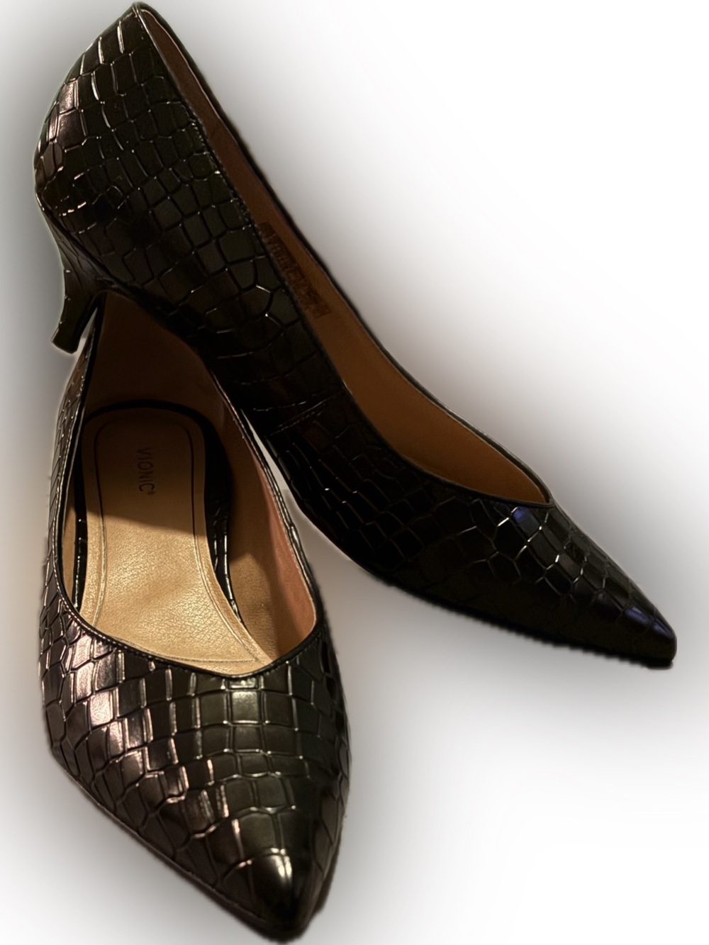 Vionic Josie Black Croc-Embossed Pointed-Toe Kitten Heels size 11